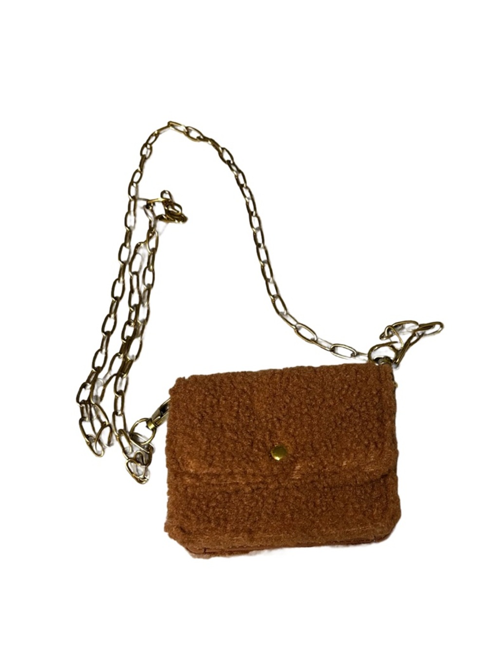 Brown Teddy Sherpa Tiny Crossbody Bag with Gold Chain